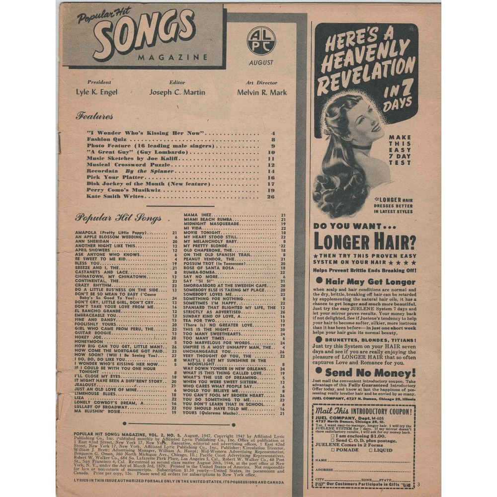 Popular Hit Songs Magazine August 1947 Vol 2 No 5 Kate Smith Guy Lombardo Lyrics